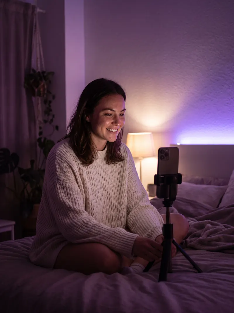 Illustrative image: creator filming herself with a phone on a tripod