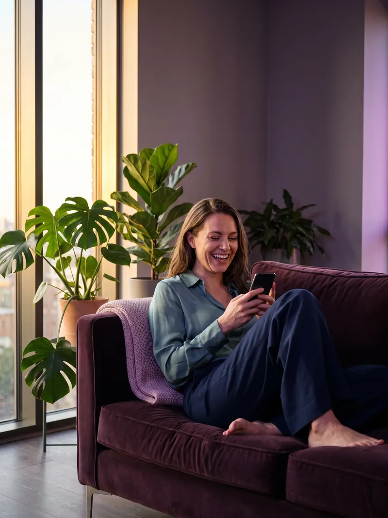 Illustrative image: creator laughing on the sofa while looking at her phone